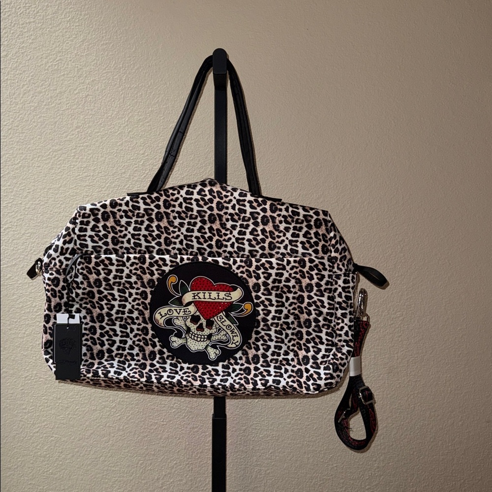 NWT $127 Ed Hardy Duffle Bag Tote Cheetah Love Kills Slowly Large Bling Patch